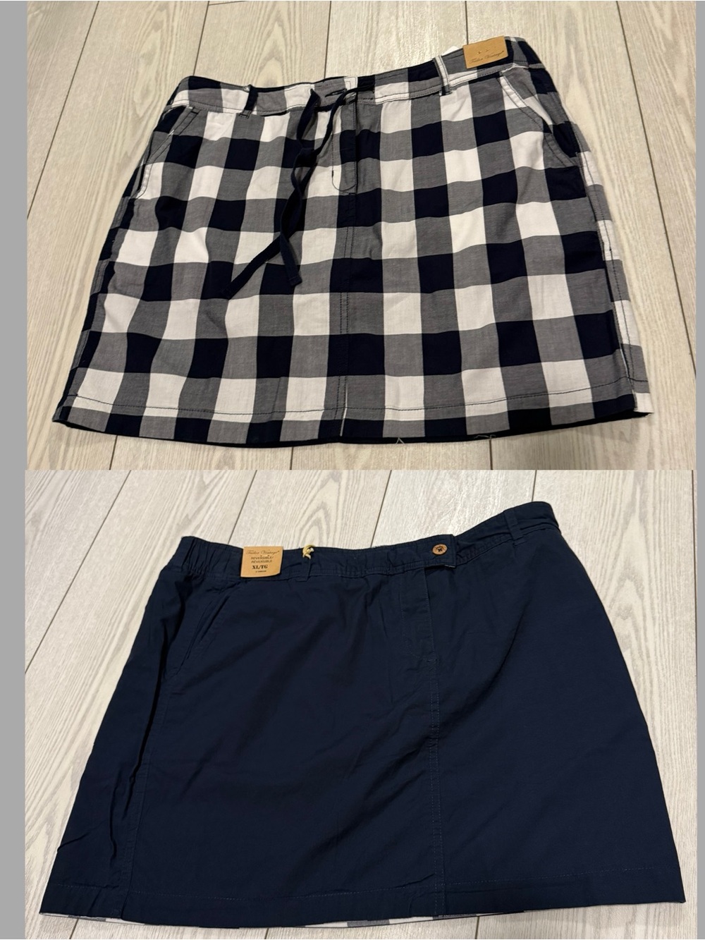 Tailor Vintage NWT reversible mini skirt plaid navy blue white 100% cotton XL